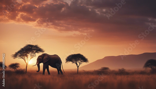 An elephant silhouetted against a breathtaking African sunset, with distant mountains 