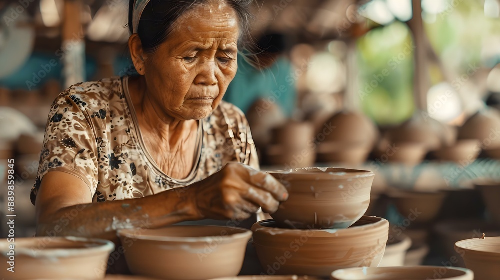 Woman making a handmade clay bowl Woman making a handmade clay bowl