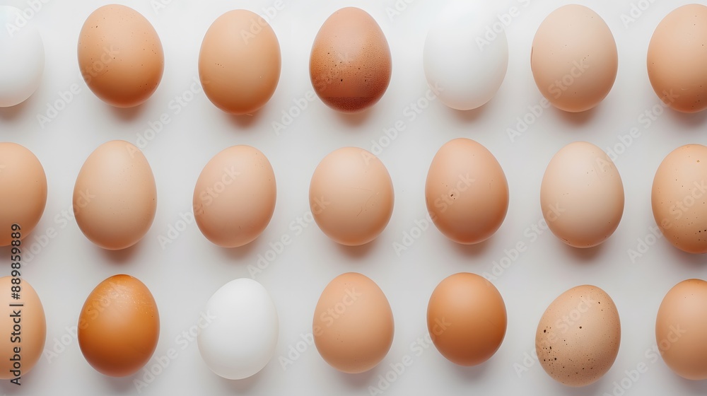 A row of eggs, some white and some brown, are arranged in a line A row of eggs, some white and some brown, are arranged in a line