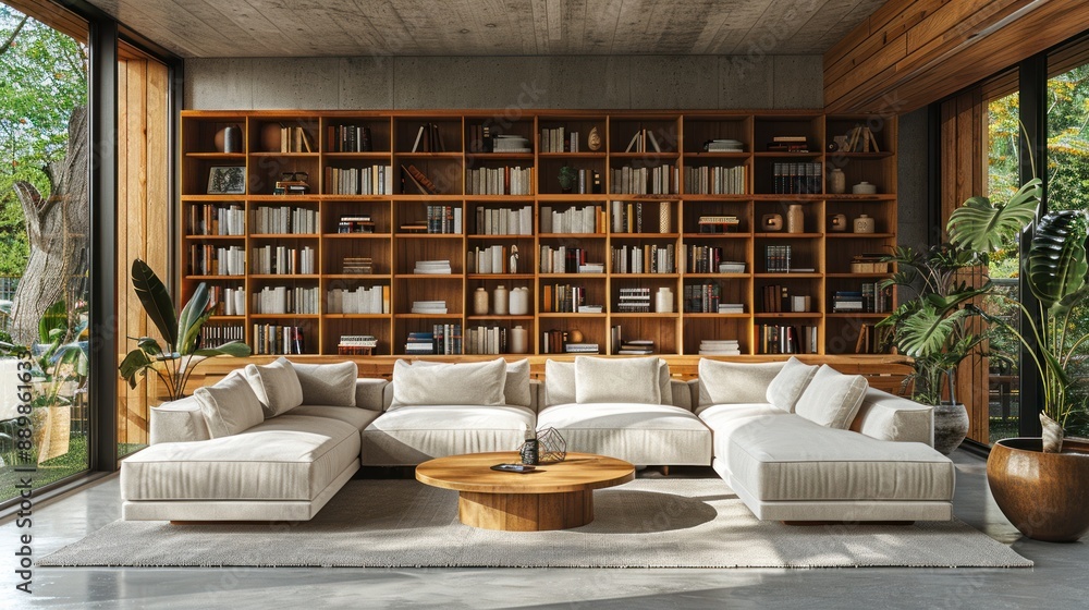 Modern Living Room with Large Bookshelf Modern Living Room with Large Bookshelf