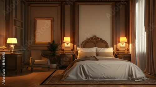 An elegant bedroom with dark wood paneling, featuring a framed empty canvas above the bed and classic decor © waqas