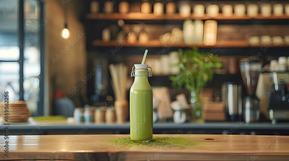 A bottle of green smoothie sits on a counter in a café, surrounded by fresh decor and a warm, inviting atmosphere A bottle of green smoothie sits on a counter in a café, surrounded by fresh decor and a warm, inviting atmosphere