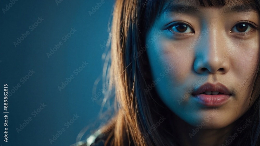 Beautiful young asian girl portrait, isolated on blue background Beautiful young asian girl portrait, isolated on blue background