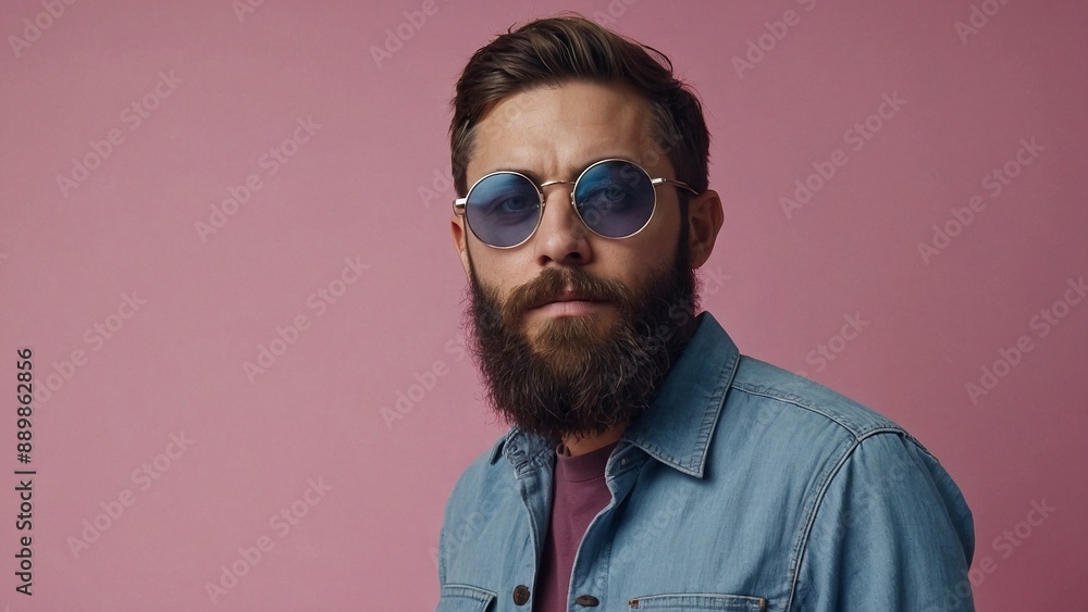 Bearded man in denim shirt and round glasses, isolated on pink background Bearded man in denim shirt and round glasses, isolated on pink background
