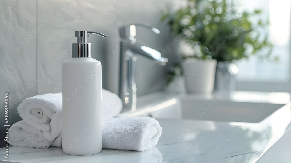 A sleek bathroom setup featuring white bottles and a plant in a clean, minimalistic design A sleek bathroom setup featuring white bottles and a plant in a clean, minimalistic design