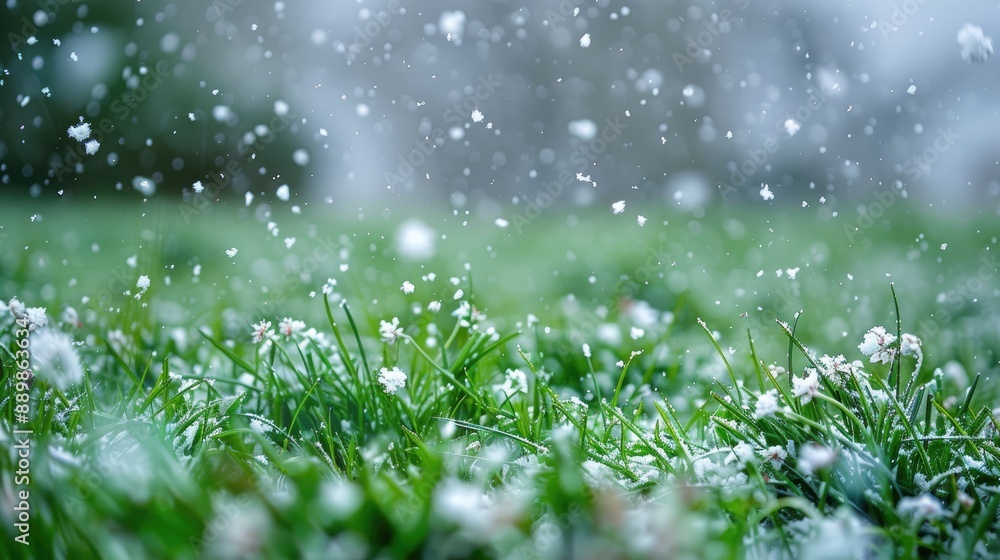 Unexpected snowfall on green spring grass during blossoming Unexpected snowfall on green spring grass during blossoming