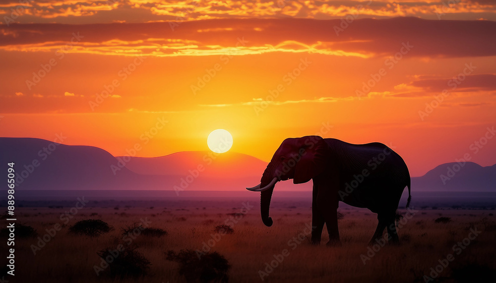 Fototapeta premium An elephant silhouetted against a breathtaking African sunset, with distant mountains 