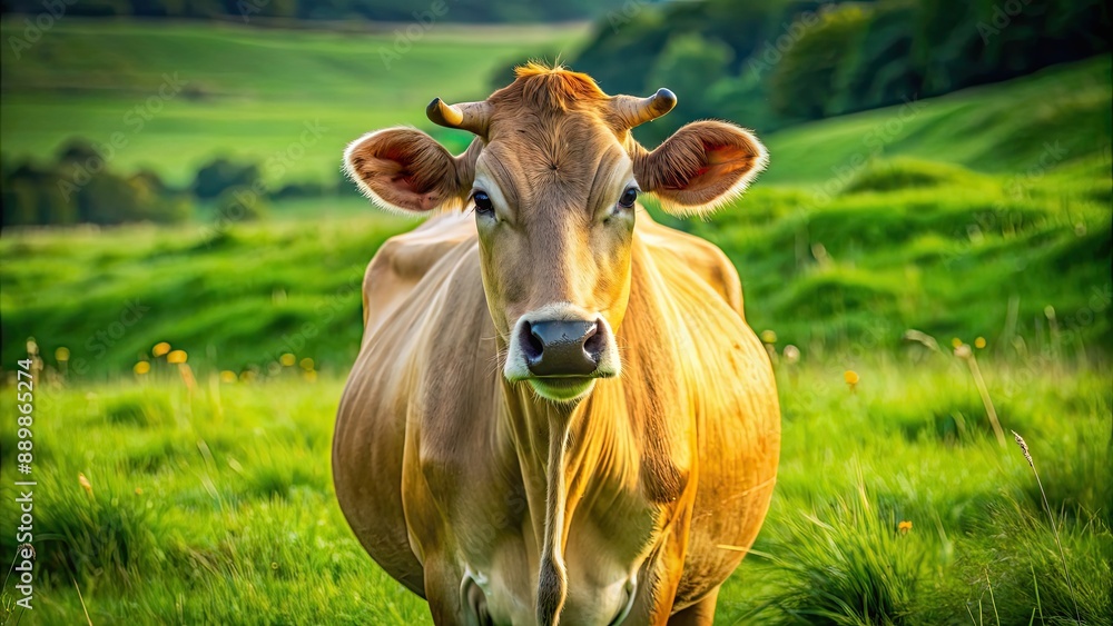 Cow standing in a lush green field, looking directly into the camera, cow, field, farm, agriculture, rural, livestock, mammal Cow standing in a lush green field, looking directly into the camera, cow, field, farm, agriculture, rural, livestock, mammal