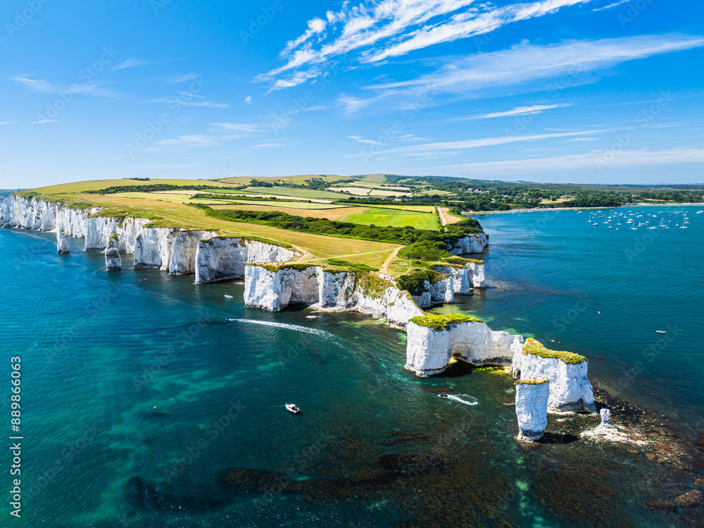 White Cliffs of Old Harry Rocks Jurassic Coast from a drone, Dorset Coast, Poole, England
