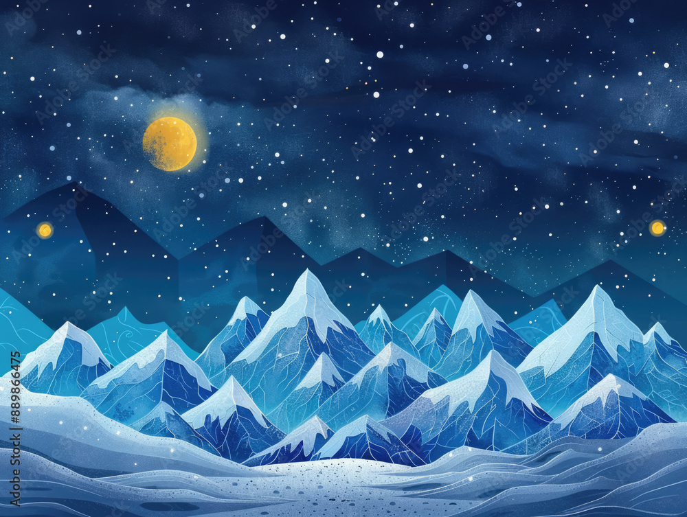 A mountain range with a bright yellow moon in the sky