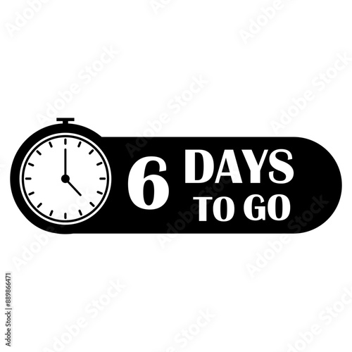 Countdown timer icon. Six days to go. Vector clock illustration. Bold black and white.