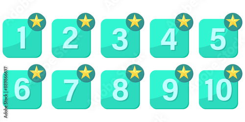 Numbered icons. Ranking symbols. Turquoise gradient squares. Star rating vector.