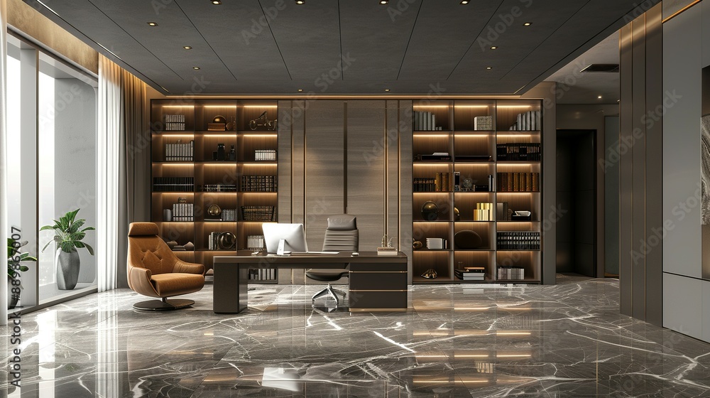 Gray CEO Office Interior: Bookcase and Modern Furniture Gray CEO Office Interior: Bookcase and Modern Furniture