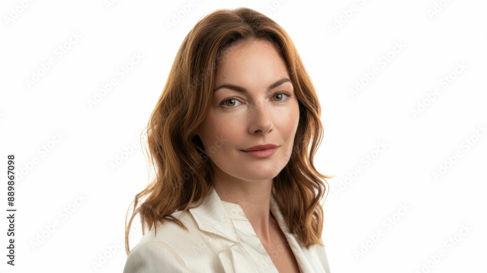 Fashionable woman in white blazer looking sideways in closeup shot for business and beauty concept Fashionable woman in white blazer looking sideways in closeup shot for business and beauty concept