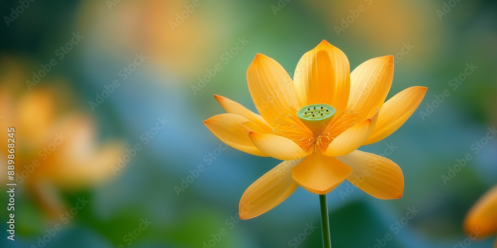 Close-up of a bright yellow lotus flower in full bloom with a blurred green background Close-up of a bright yellow lotus flower in full bloom with a blurred green background