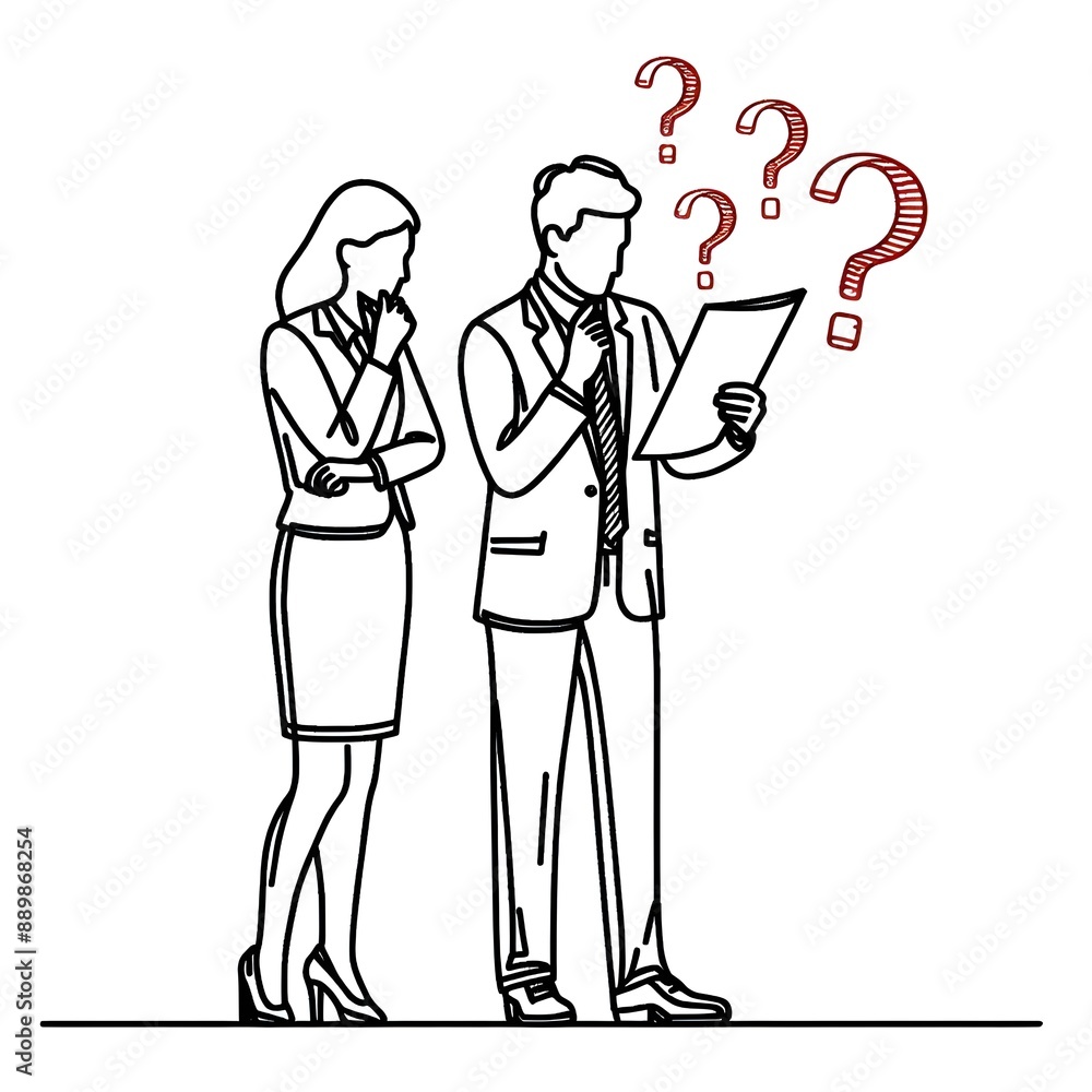 Diversity in Business, Single line drawing of a team of professional male and female examining a document with a question mark. Diversity in Business, Single line drawing of a team of professional male and female examining a document with a question mark.
