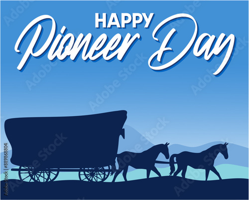 happy pioneer day with horse caravan silhouette