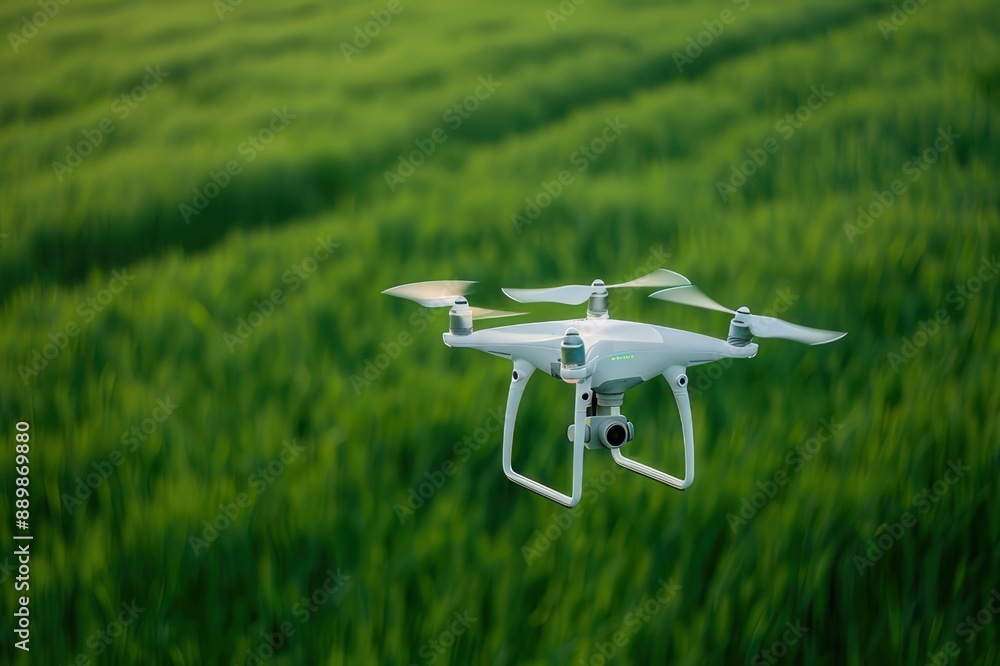 A drone flying over a green field A drone flying over a green field