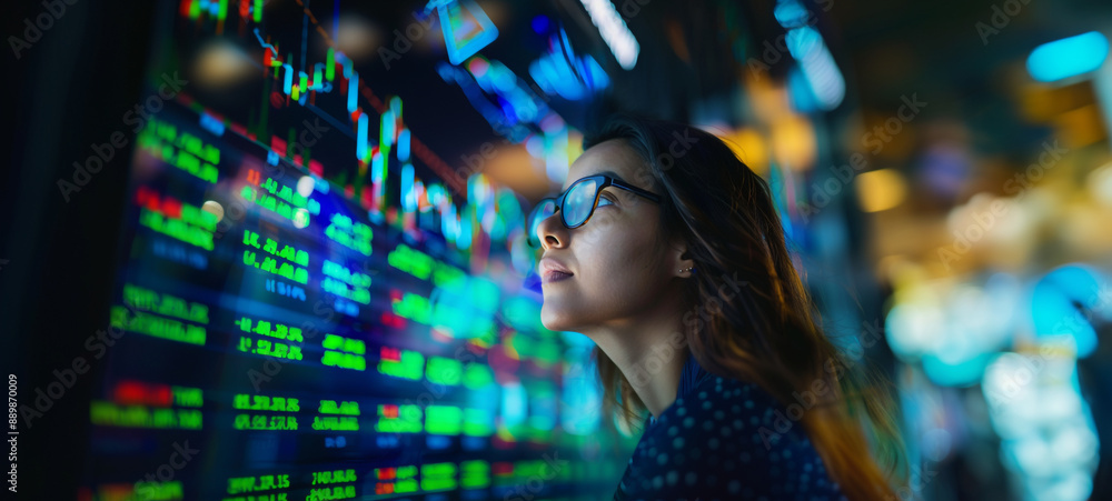 Young woman working at modern office.Technical price graph and indicator, red and green candlestick chart and stock trading computer screen background. Double exposure. Trader analyzing data Young woman working at modern office.Technical price graph and indicator, red and green candlestick chart and stock trading computer screen background. Double exposure. Trader analyzing data