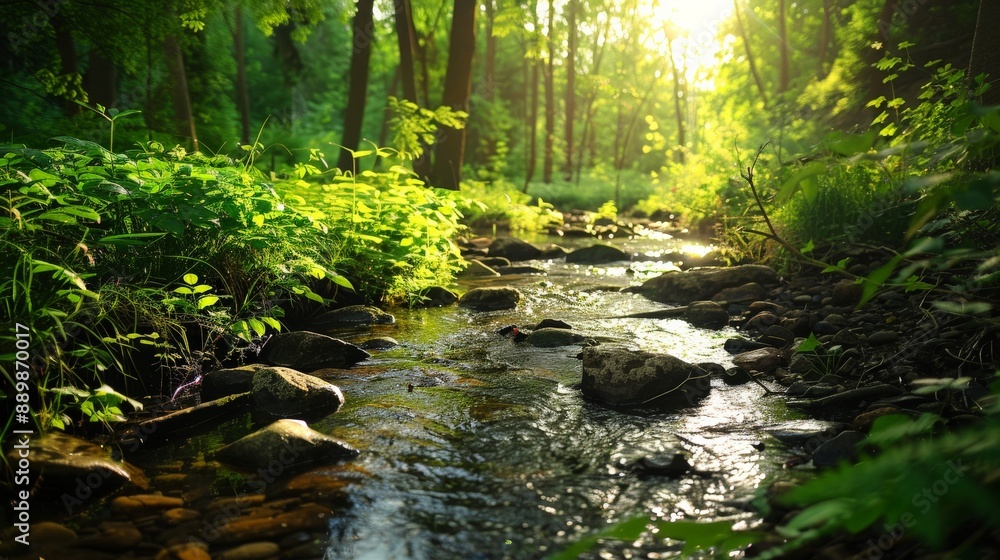A serene forest stream flowing gently over rocks, surrounded by lush greenery and dappled sunlight A serene forest stream flowing gently over rocks, surrounded by lush greenery and dappled sunlight