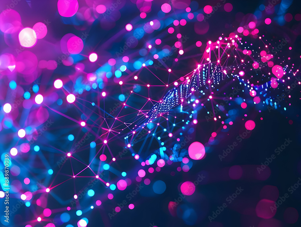 Abstract 3D Illustration of Pink and Blue Bokeh Lights with a Connected Network Abstract 3D Illustration of Pink and Blue Bokeh Lights with a Connected Network