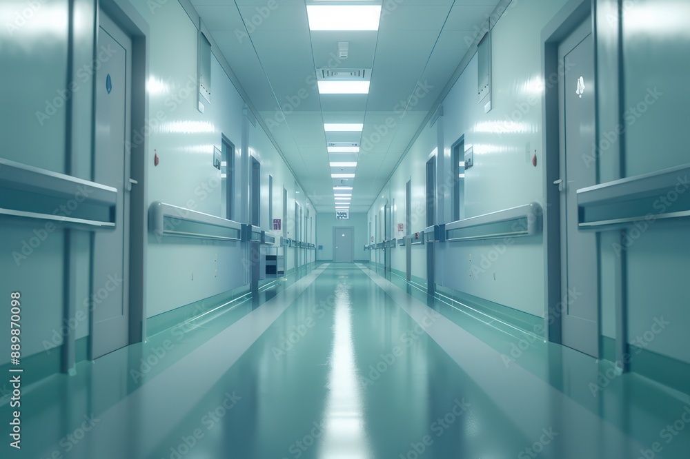 Sterile hospital corridor with bright lighting Sterile hospital corridor with bright lighting