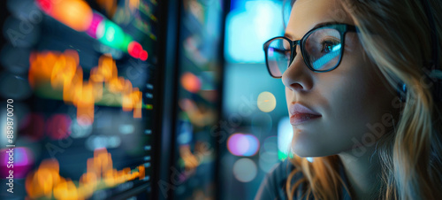 Young woman working at modern office.Technical price graph and indicator, red and green candlestick chart and stock trading computer screen background. Double exposure. Trader analyzing data