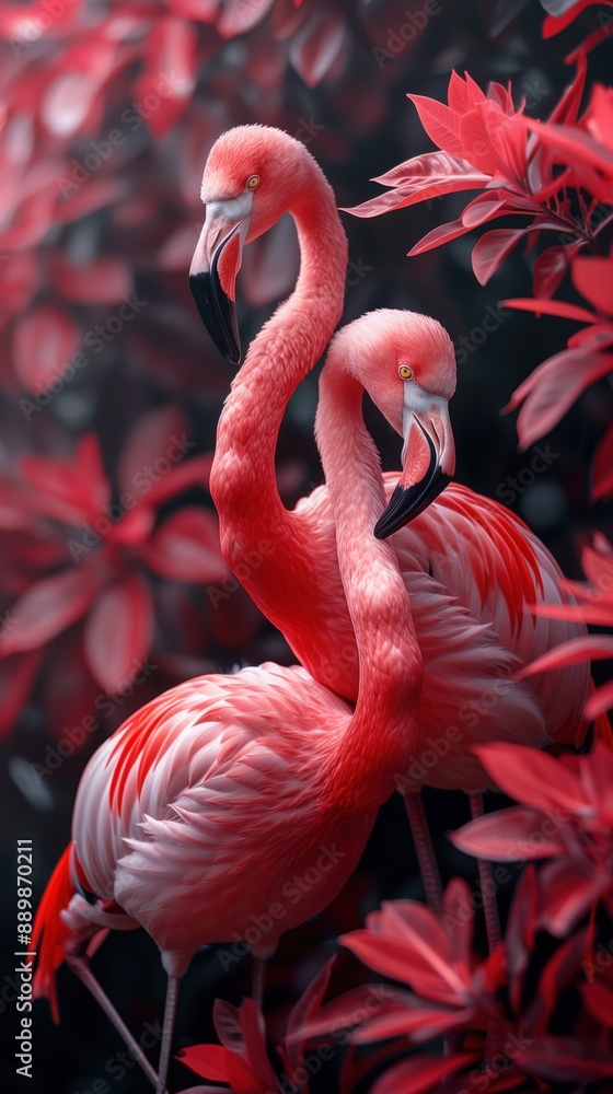 Fototapeta premium Elegant Flamingos Among Vibrant Red Foliage A pair of elegant flamingos standing gracefully amidst vibrant red foliage, creating a striking and vivid tropical scene.
