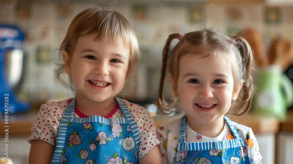 Siblings use cooking aprons to make cakes, with happy faces Siblings use cooking aprons to make cakes, with happy faces