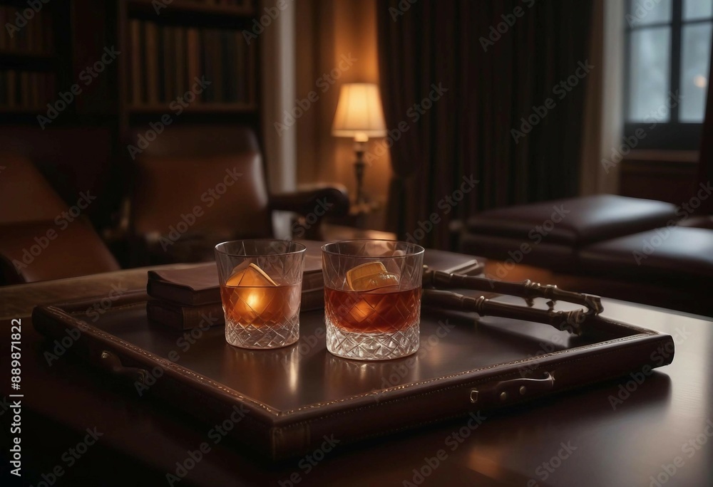 A classic old fashioned on a leather-bound tray in a luxurious library, with warm lamplight casting a cozy glow.
A classic old fashioned on a leather-bound tray in a luxurious library, with warm lamplight casting a cozy glow.