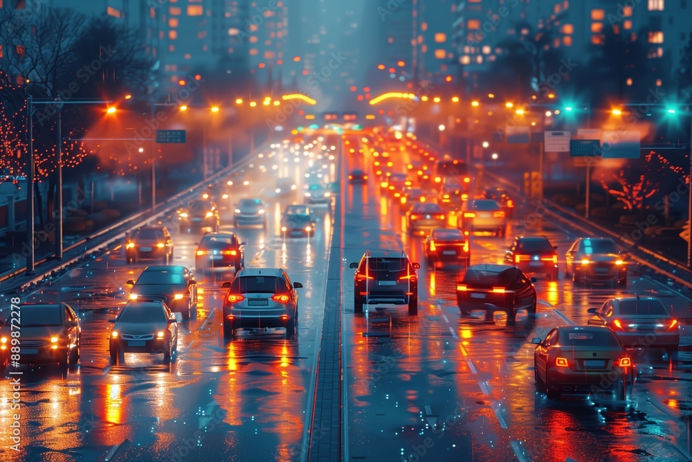 Fototapeta premium City Street Traffic At Night During a Rainstorm