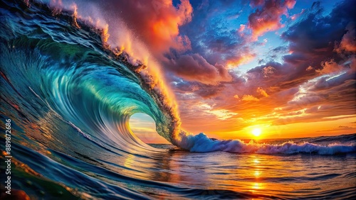 Dramatic sunset ocean wave displaying vibrant colors and powerful water movement, sunset, ocean, waves, dramatic