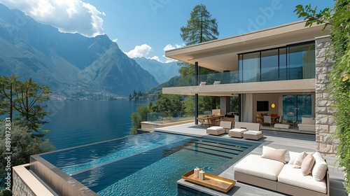Modern Villa With Infinity Pool Overlooking Lake And Mountains