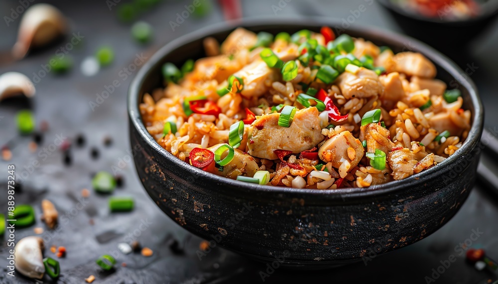 A succulent chicken rice dish is garnished with spring onions and chili, served in a black bowl, ready to be enjoyed A succulent chicken rice dish is garnished with spring onions and chili, served in a black bowl, ready to be enjoyed