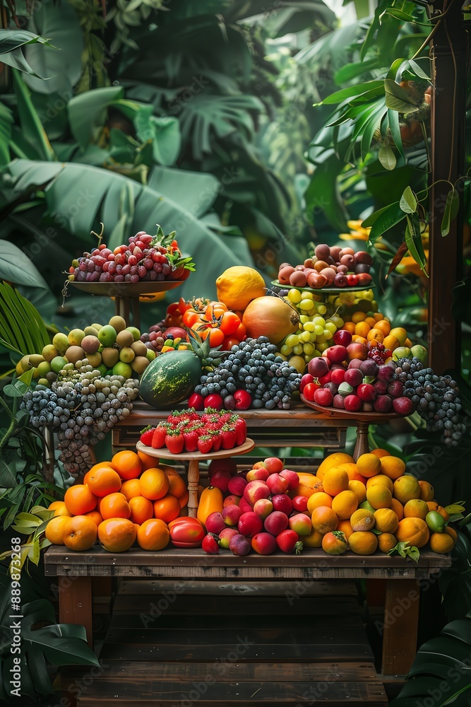 Abundant fruit display on wooden table, lush greenery backdrop, rich colors Abundant fruit display on wooden table, lush greenery backdrop, rich colors