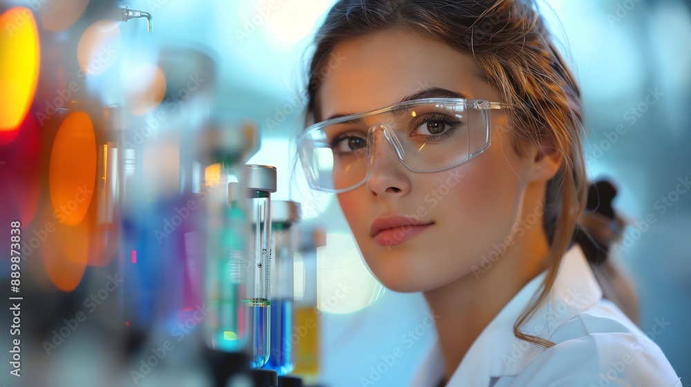 Girl in lab coat with test tubes, bright lab setting