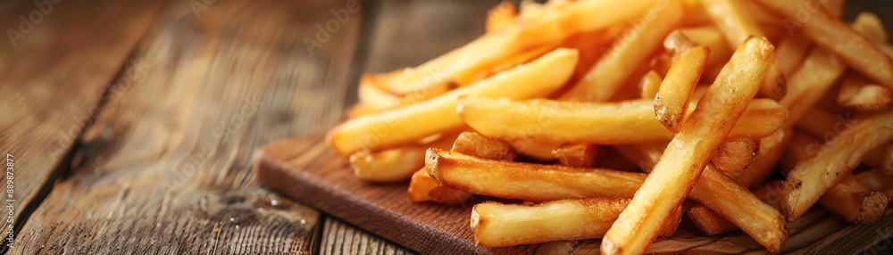Golden french fries piled high on a wooden board, representing delicious simplicity and a popular fast food choice Golden french fries piled high on a wooden board, representing delicious simplicity and a popular fast food choice