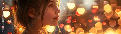 Girl with heart decorations, warm lighting, soft focus, medium shot