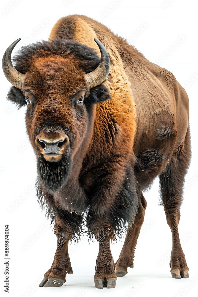Majestic bison standing, detailed fur, white background, side view Majestic bison standing, detailed fur, white background, side view