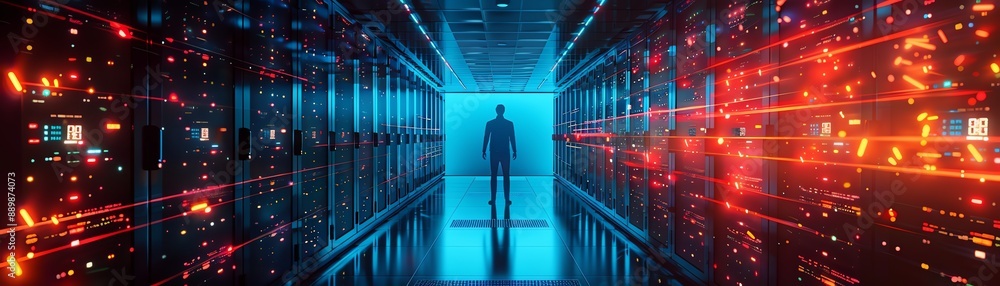 Person standing in a futuristic server room with red and blue lights Person standing in a futuristic server room with red and blue lights