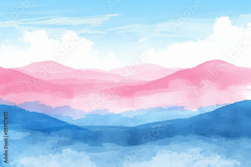 Serene watercolor painting of a mountain landscape with pink and blue hues capturing tranquil beauty and artistic expression in a calming setting