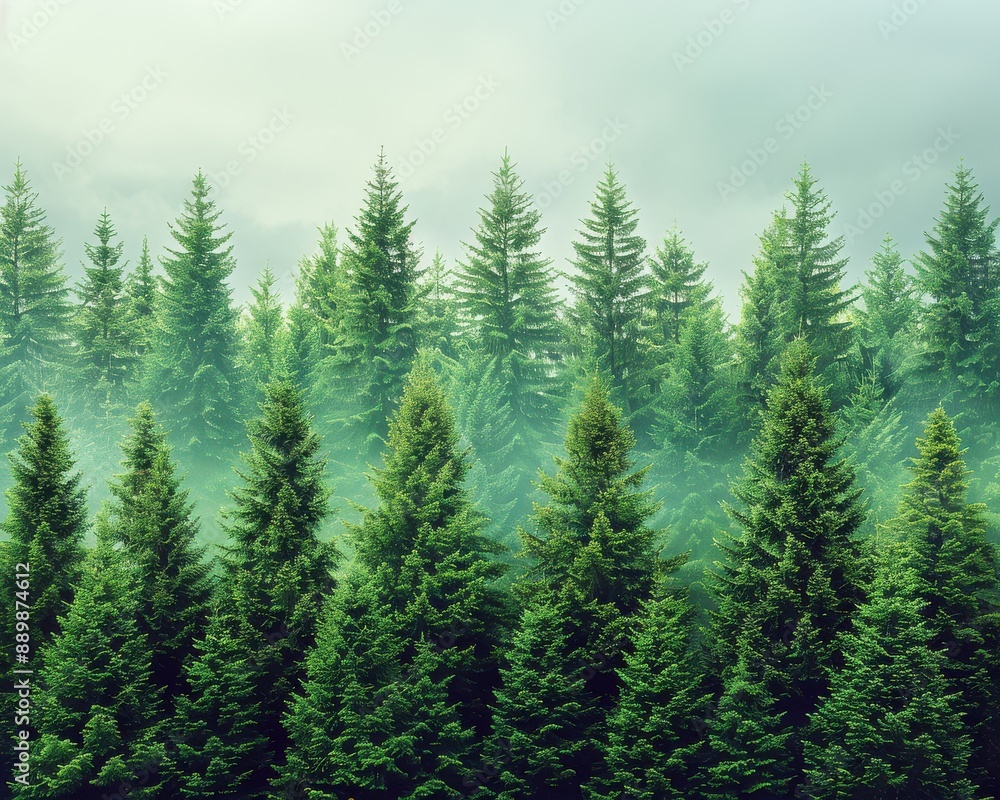 Lush Evergreen Forest with Dense Pine Trees and Misty Atmosphere in a Mesmerizing Scenic Landscape Captured During an Overcast Day Lush Evergreen Forest with Dense Pine Trees and Misty Atmosphere in a Mesmerizing Scenic Landscape Captured During an Overcast Day