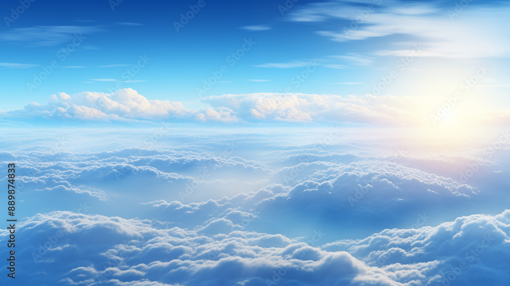 sunrise on blue sky. Blue sky with some clouds. View over the clouds