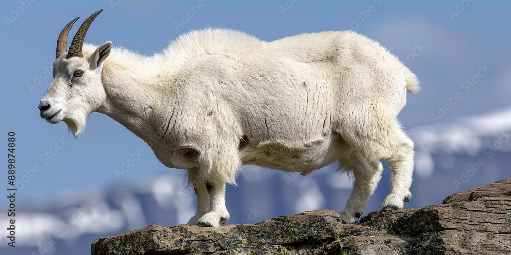 Mountain Goat Standing on Rocky Cliff in Majestic Mountain Range with Snow-Capped Peaks Under Clear Blue Sky Mountain Goat Standing on Rocky Cliff in Majestic Mountain Range with Snow-Capped Peaks Under Clear Blue Sky