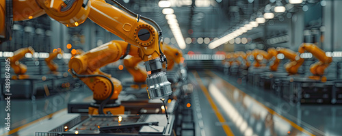 Automated robotic arms working in a modern industrial factory, showcasing advanced manufacturing technology and high efficiency.