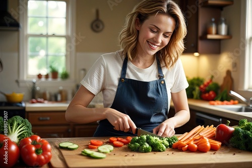 Woman chopping vegetables with knife, happy housewife homemaker preparing food in home kitchen © Kheng Guan Toh