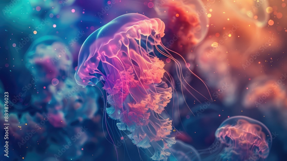 Obraz premium Vibrant Jellyfish in a Colorful Underwater World