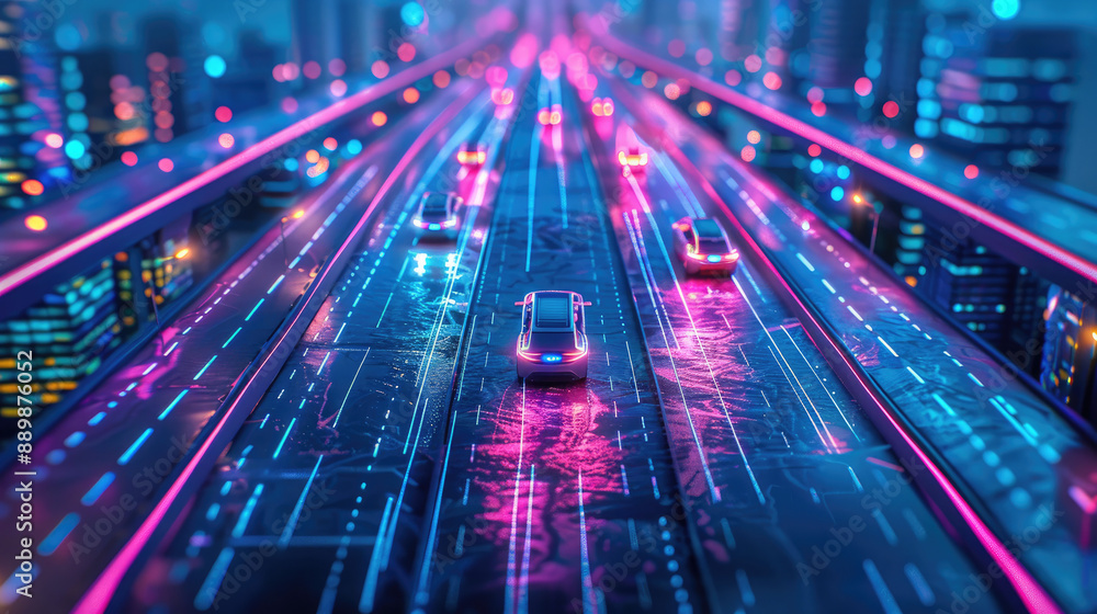 Futuristic night city highway with neon lights creating a cyberpunk atmosphere, cars in motion, blurred urban skyline in the background. Futuristic night city highway with neon lights creating a cyberpunk atmosphere, cars in motion, blurred urban skyline in the background.