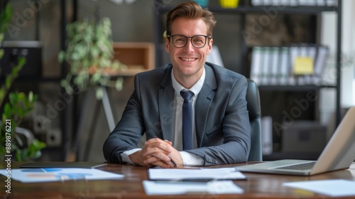 Happy hr manager with resume at desk 