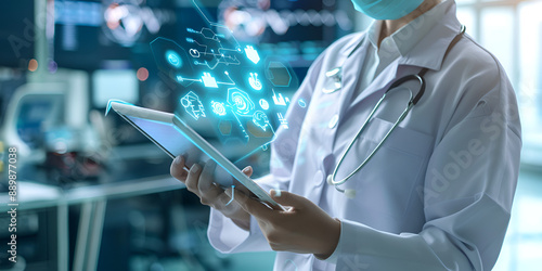 Doctor Using Digital Tablet with Medical Icons
Healthcare Professional Analyzing Data on Tablet